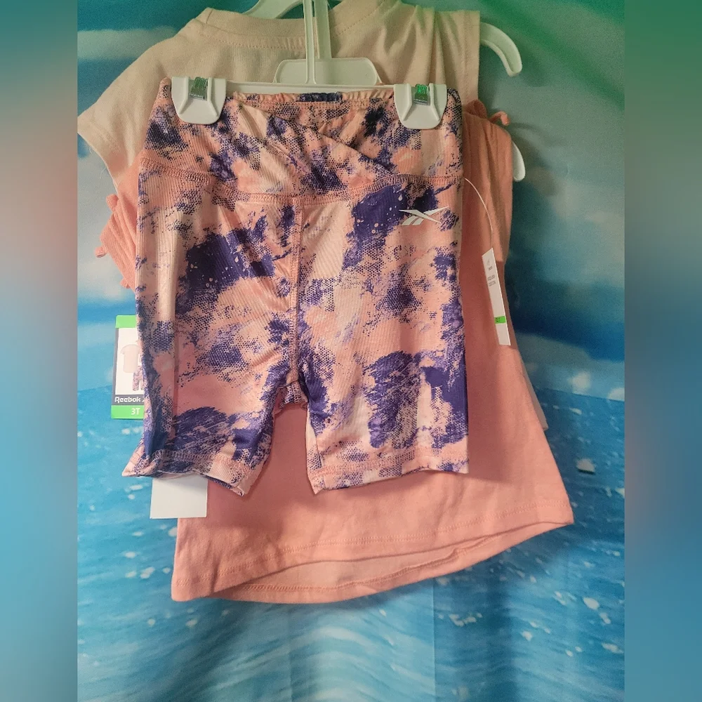 Reebok NWT GIRLS 3 PC SET Light Coral 2 Tops 1 Biker Shorts Size 3T‎